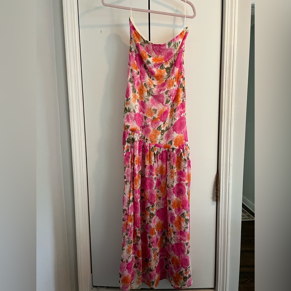 12th Tribe Pink and Orange Floral Drop Waist Maxi Dress